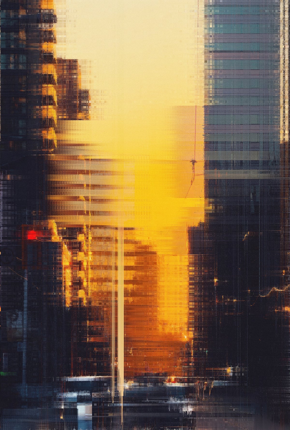 Abstract cityscape artwork featuring blurred skyscrapers and vertical streaks of golden yellow, orange, black, and gray light.