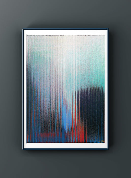 Modern glitch wall art with fractured imagery and cinematic colour tones