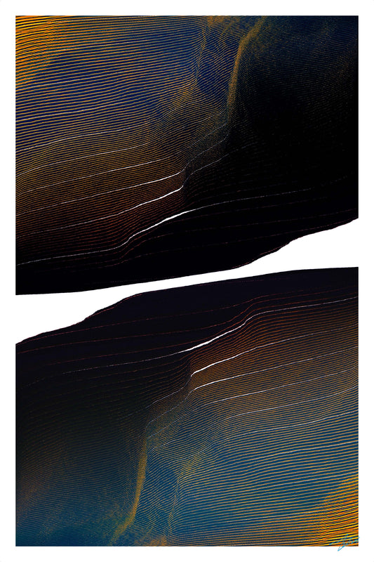 Abstract art with wavy lines in blue, yellow, and black on a white background