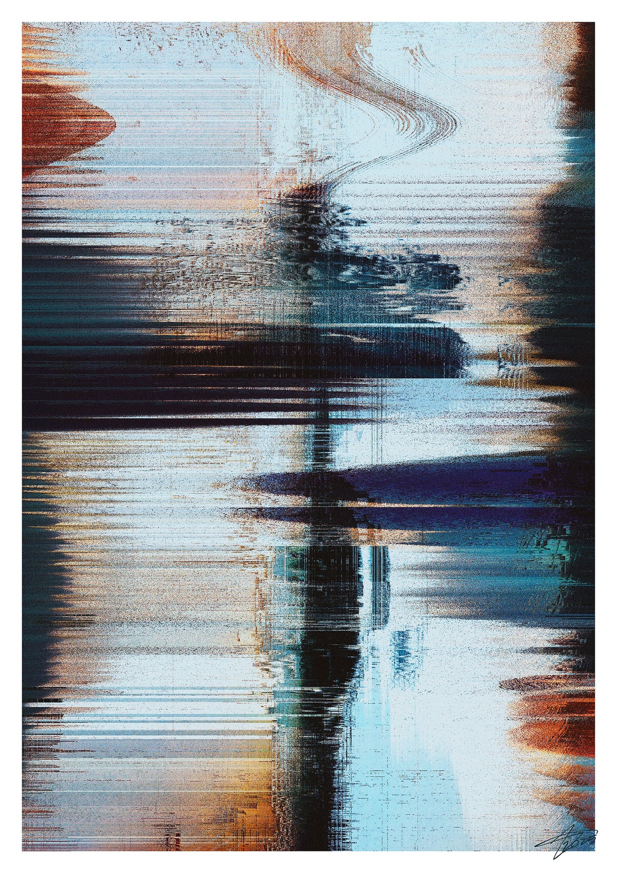 Abstract art with horizontal brush strokes in blue, brown, and black.