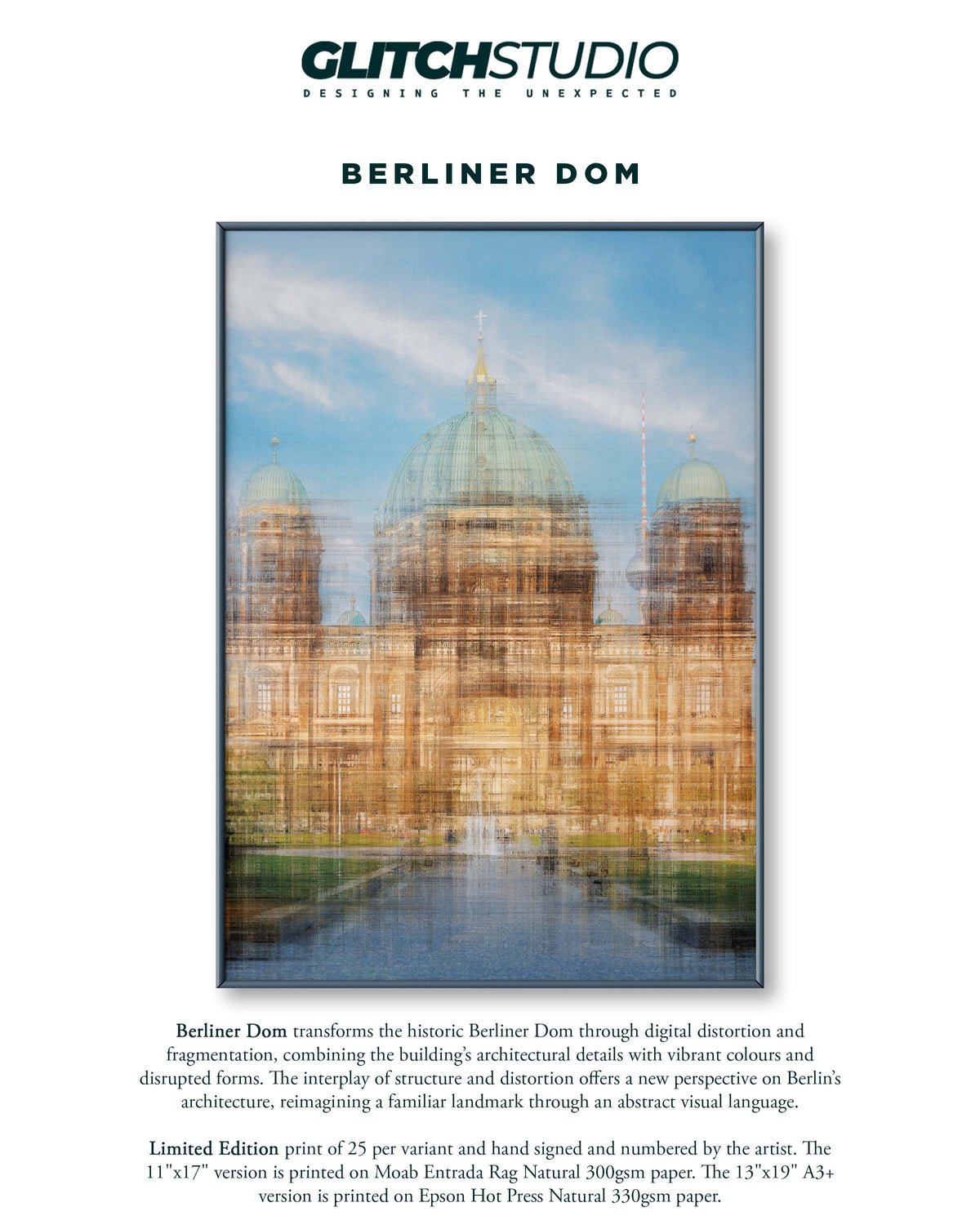 A poster-style product listing for a stretched canvas print titled 'BERLINER DOM' by Glitch Studio. The artwork shows an abstract, vertically distorted architectural scene with domes and warm orange-brown tones.