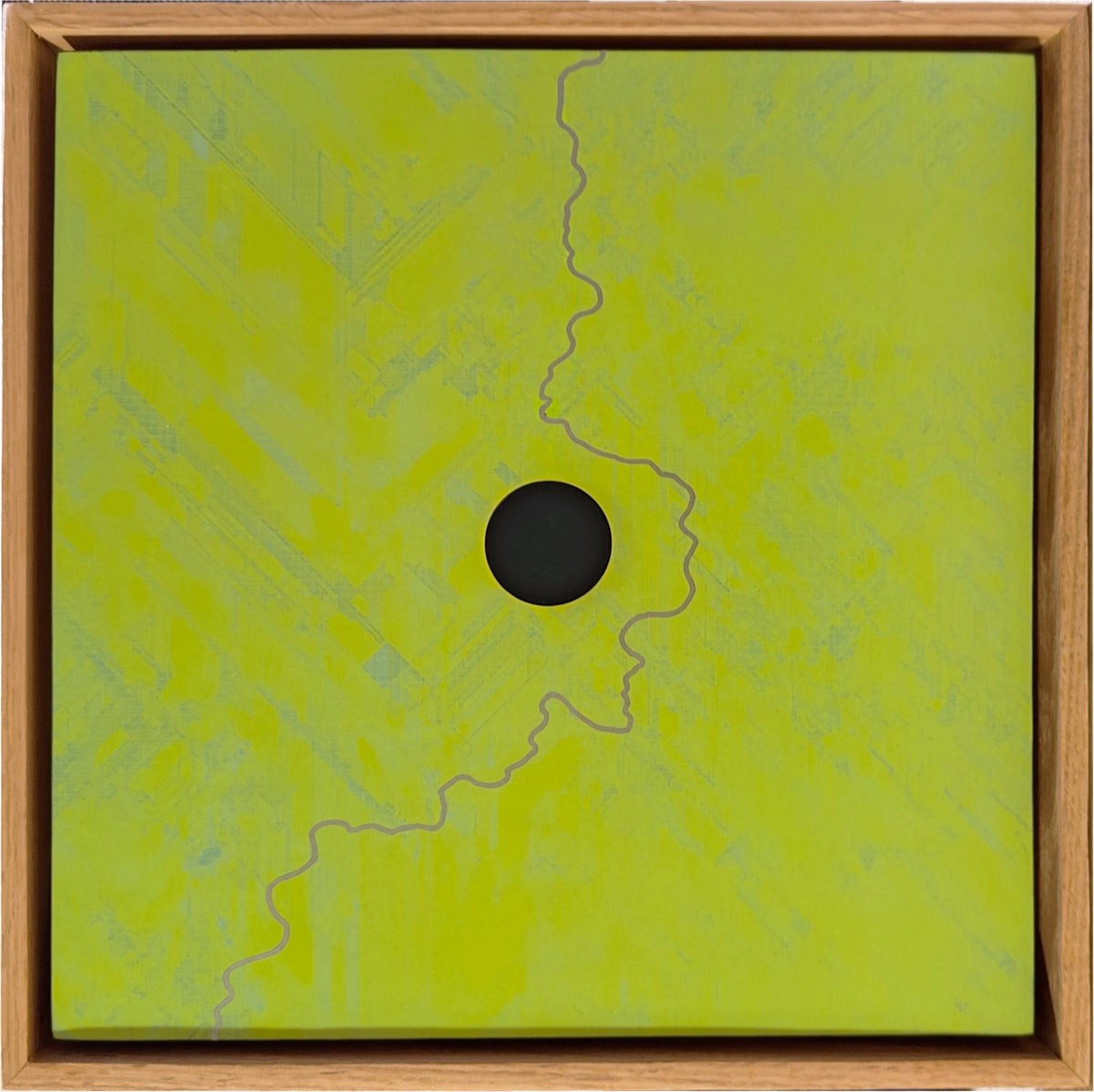 A square abstract artwork in a light wood frame, featuring a bright lime green background with a central black circle and thin gray wavy lines.