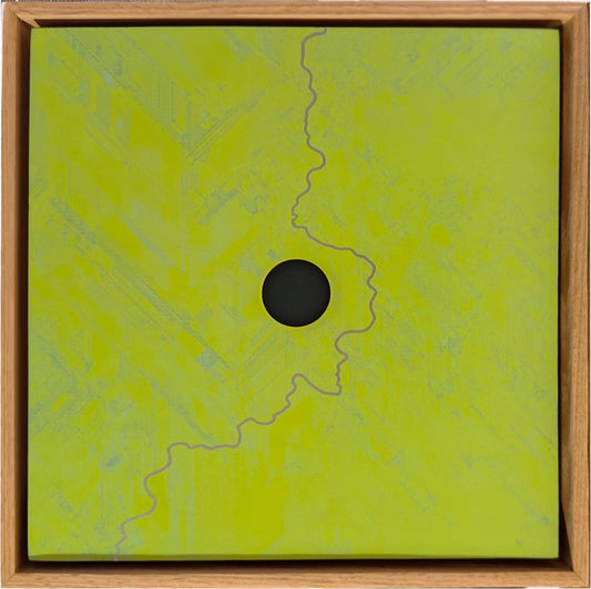 A square abstract artwork in a light wood frame, featuring a bright lime green background with a central black circle and thin gray wavy lines.