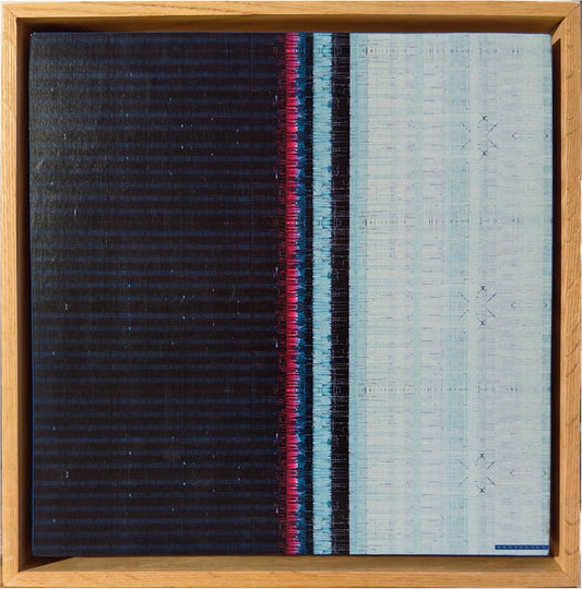 A square framed textile artwork or panel with a woven pattern, shown flat against a light neutral background. The design is split vertically into a dark navy/black striped section on the left and a pale blue/white section on the right, with narrow vertical bands of red, pink, black, and light blue in the center.
