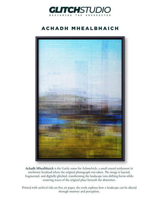 A framed abstract landscape art print titled 'Achadh Mhealbhach' by Glitch Studio, displayed on a white background with descriptive text below.