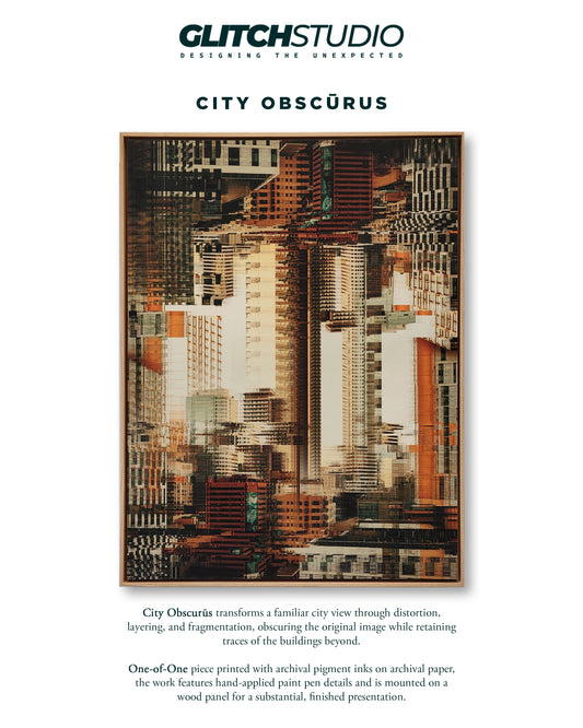 A framed art print titled 'City Obscurus' by Glitch Studio, featuring an abstract, distorted cityscape in warm brown, beige, and orange tones. The print is presented on a white background with the brand name 'GLITCHSTUDIO' at the top and descriptive text below.