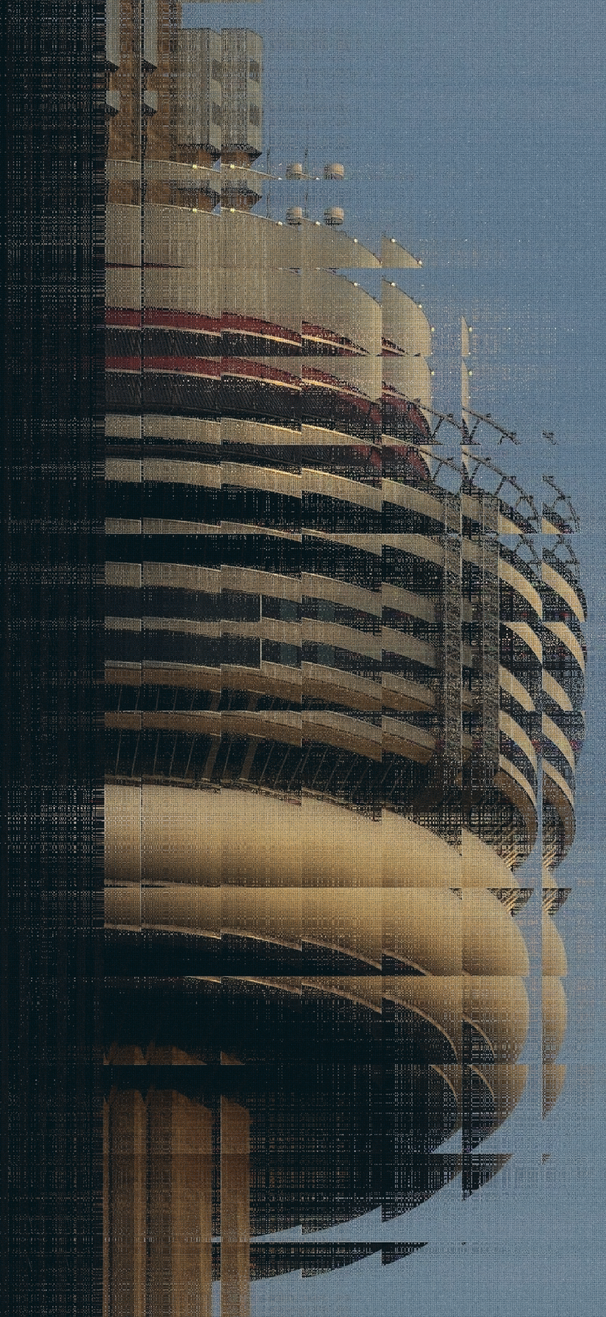 An abstract architectural photograph of a glitched artwork of the CN tower, against a muted blue-gray sky.