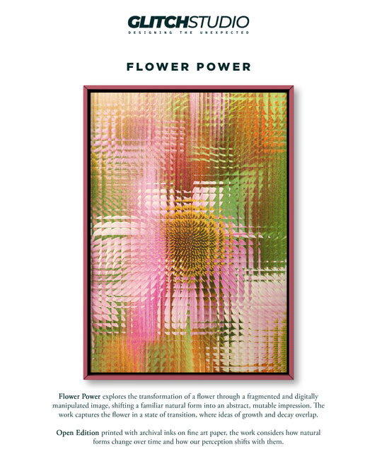 An art print cover titled 'Flower Power' by Glitch Studio, featuring a central framed abstract artwork with a pink, orange, and green textured floral pattern. The cover includes descriptive text below the artwork on a white background.