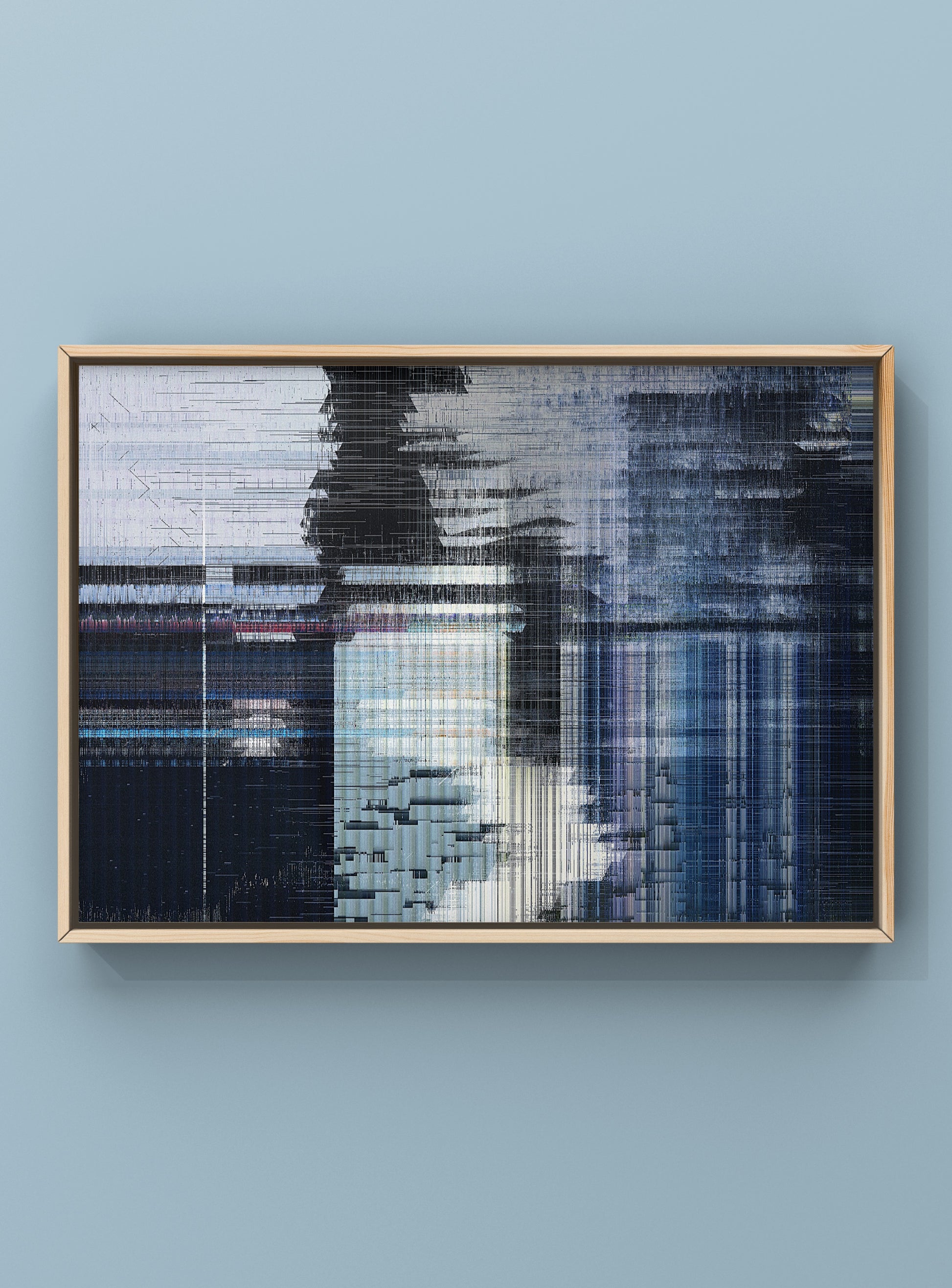 Digital abstract wall art inspired by corrupted imagery and urban landscapes