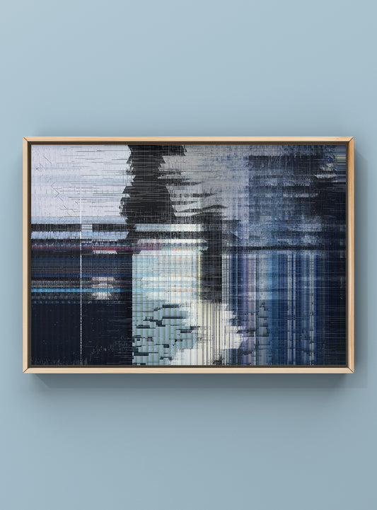 Digital abstract wall art inspired by corrupted imagery and urban landscapes