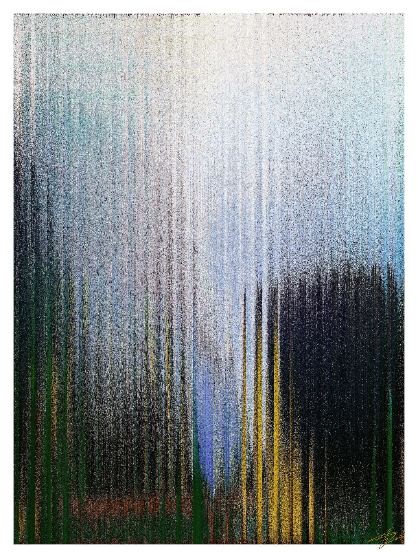 Abstract art with vertical brush strokes in blue, green, and black.