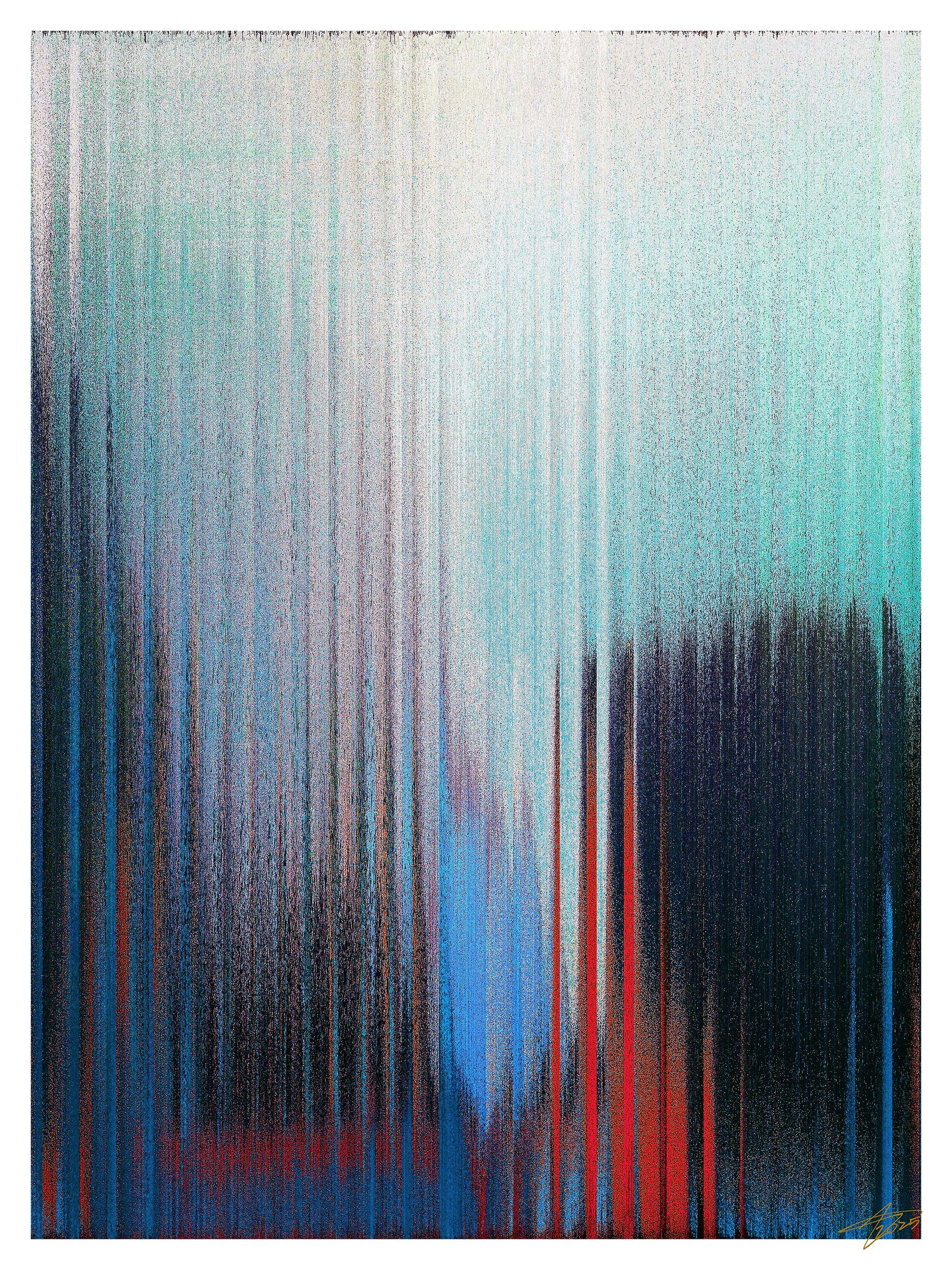 Abstract art with vertical brush strokes in blue, red, and black on a white background limited edition