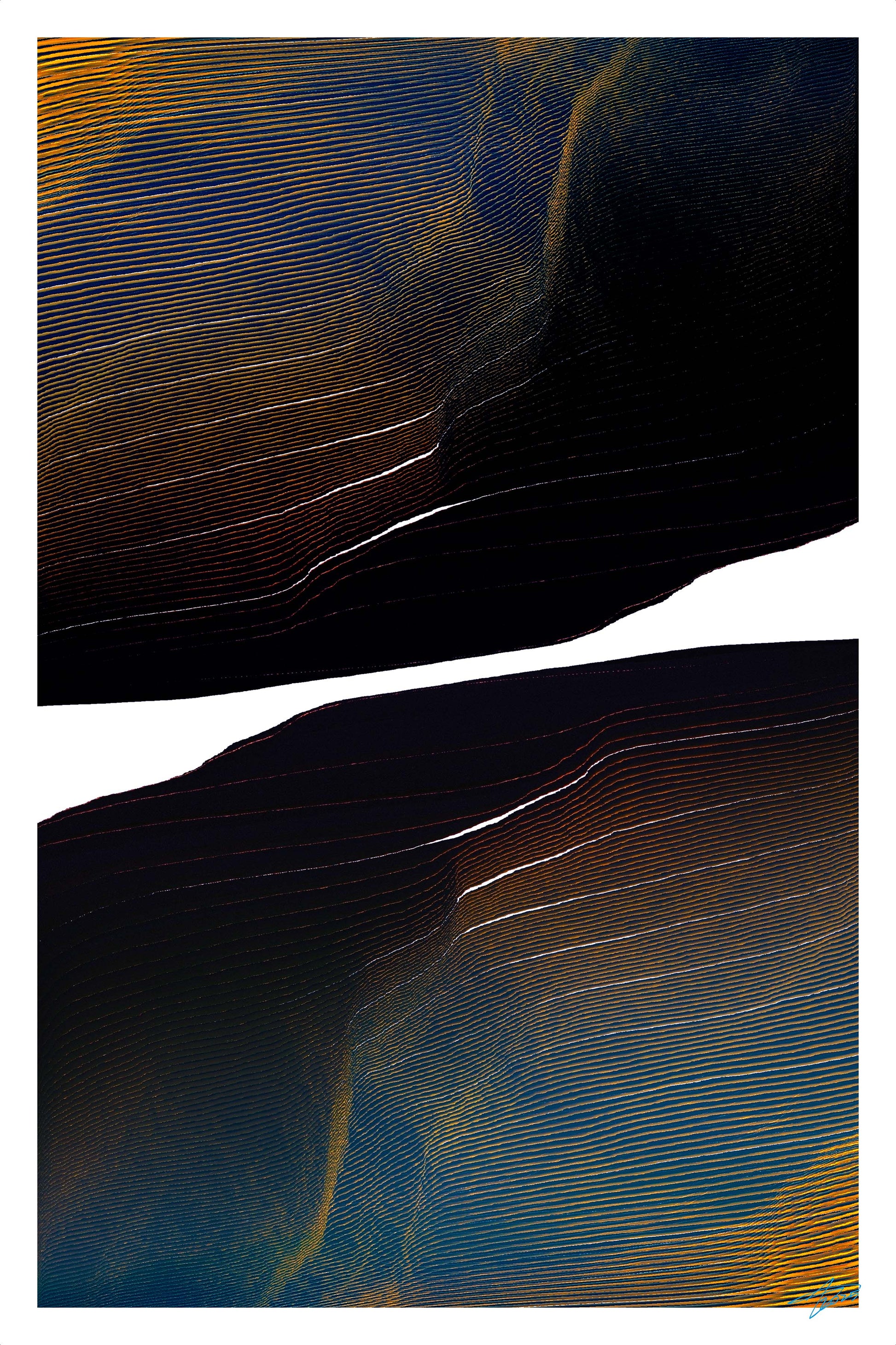 Abstract art with wavy lines in blue, yellow, and black on a white background