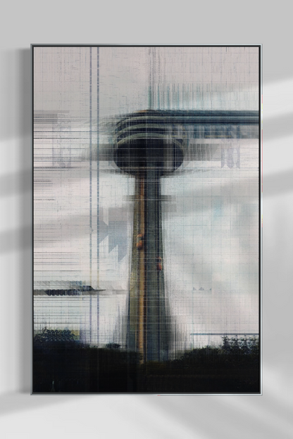 A framed abstract art print featuring a stylized, glitch-effect depiction of the Montreal Tower, displayed on a light gray wall with soft shadows.