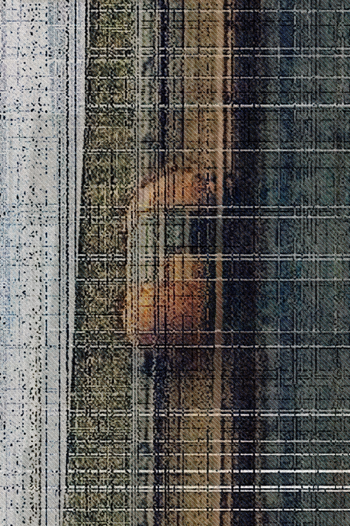 A close-up of a woven textile or rug showing a vertical striped pattern in gray, brown, black, and muted blue, with a small warm orange-brown oval shape near the center.