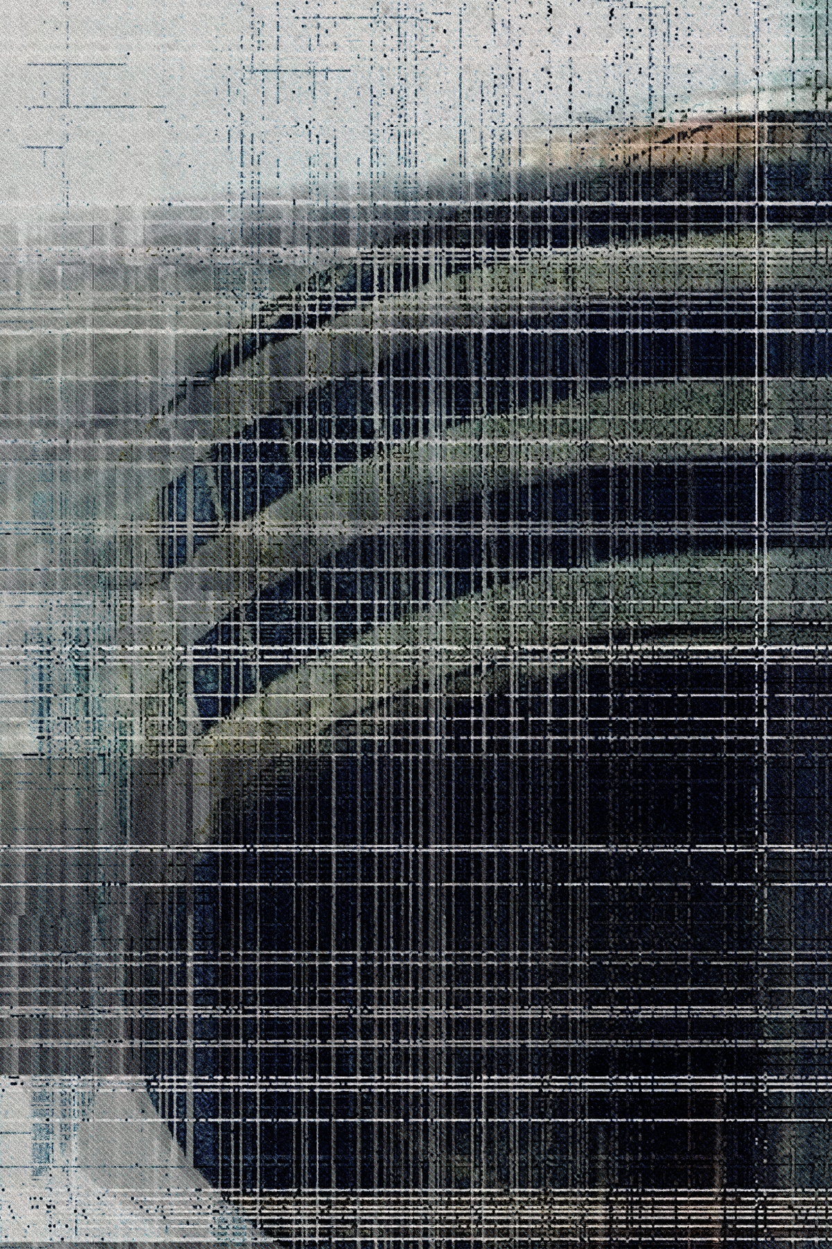 An abstract art print featuring a textured, pixelated composition of layered dark green and black curved shapes over a light gray and white background with a grid overlay.