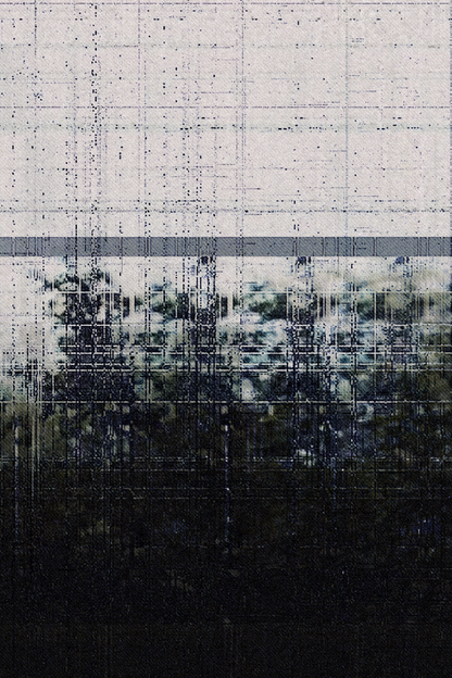 An abstract art print featuring a textured, distressed composition with a light gray grid-patterned upper section, a horizontal gray band, and a dark, grainy black and blue lower section.