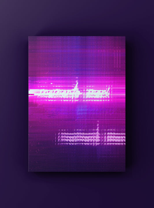 Minimal abstract glitch composition with layered gradients and fragmented pixels