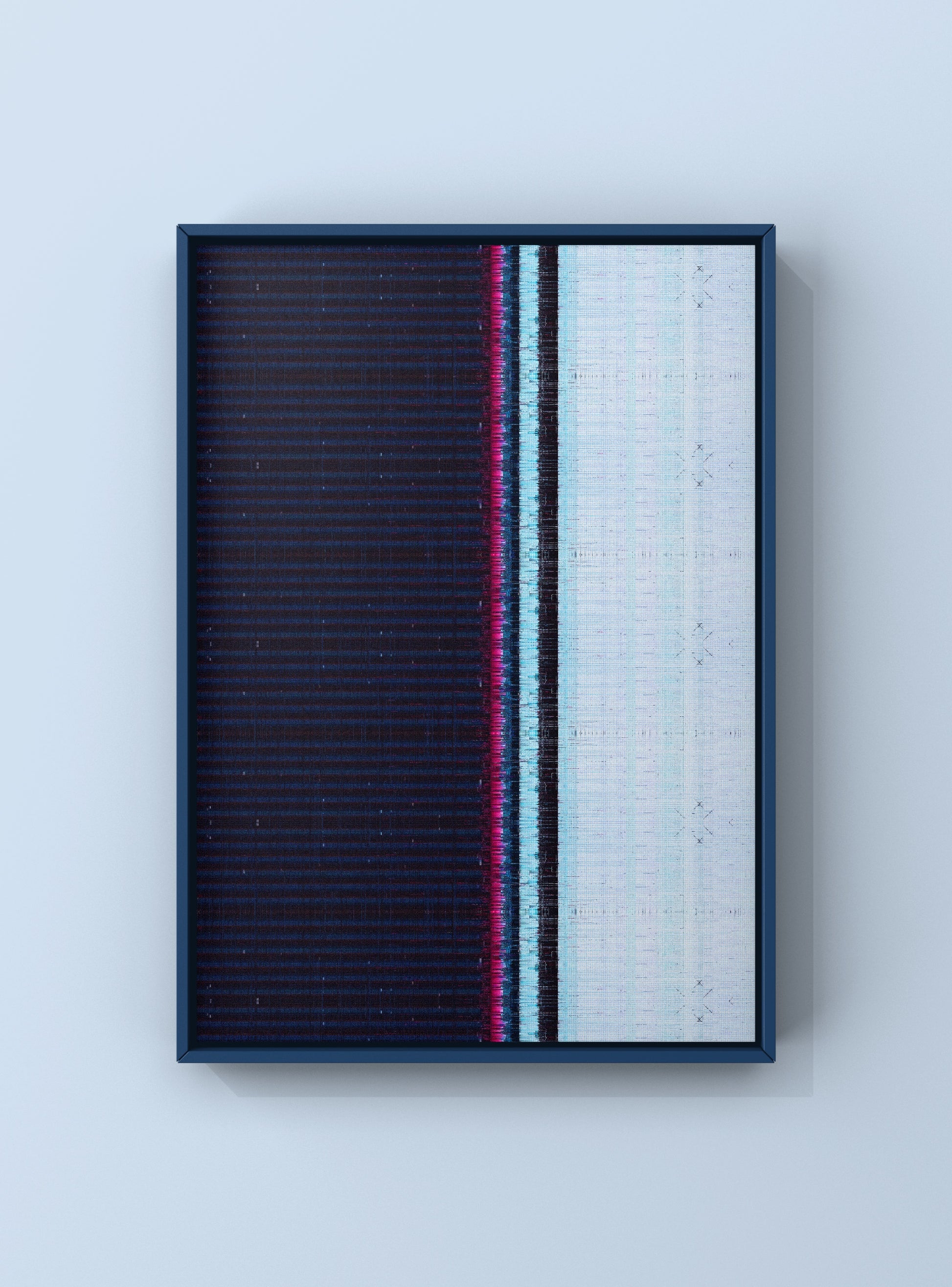Large-scale glitch art print combining architectural geometry with flowing natural textures