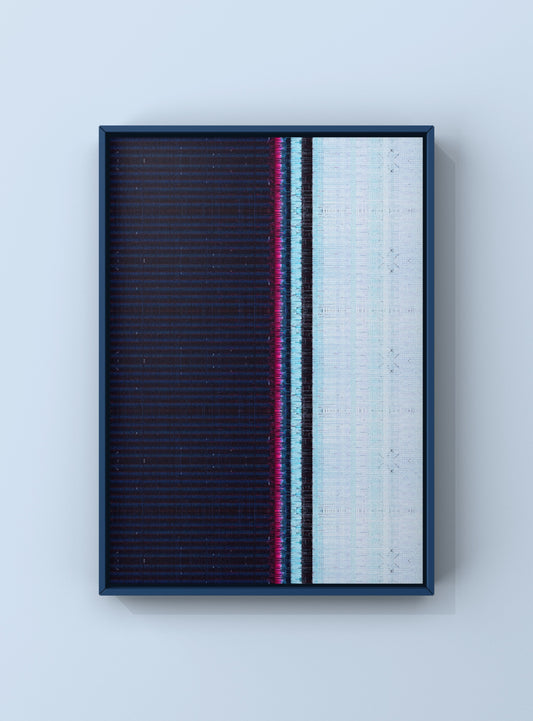Large-scale glitch art print combining architectural geometry with flowing natural textures