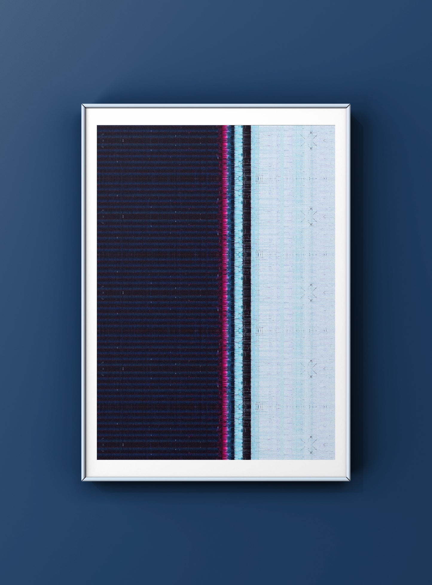 modern glitch art artwork with a pattern of vertical lines on a blue wall