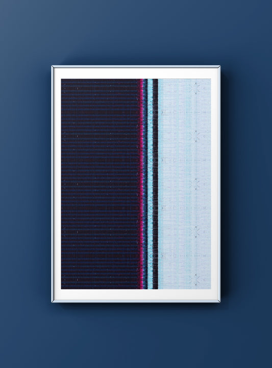 modern glitch art artwork with a pattern of vertical lines on a blue wall