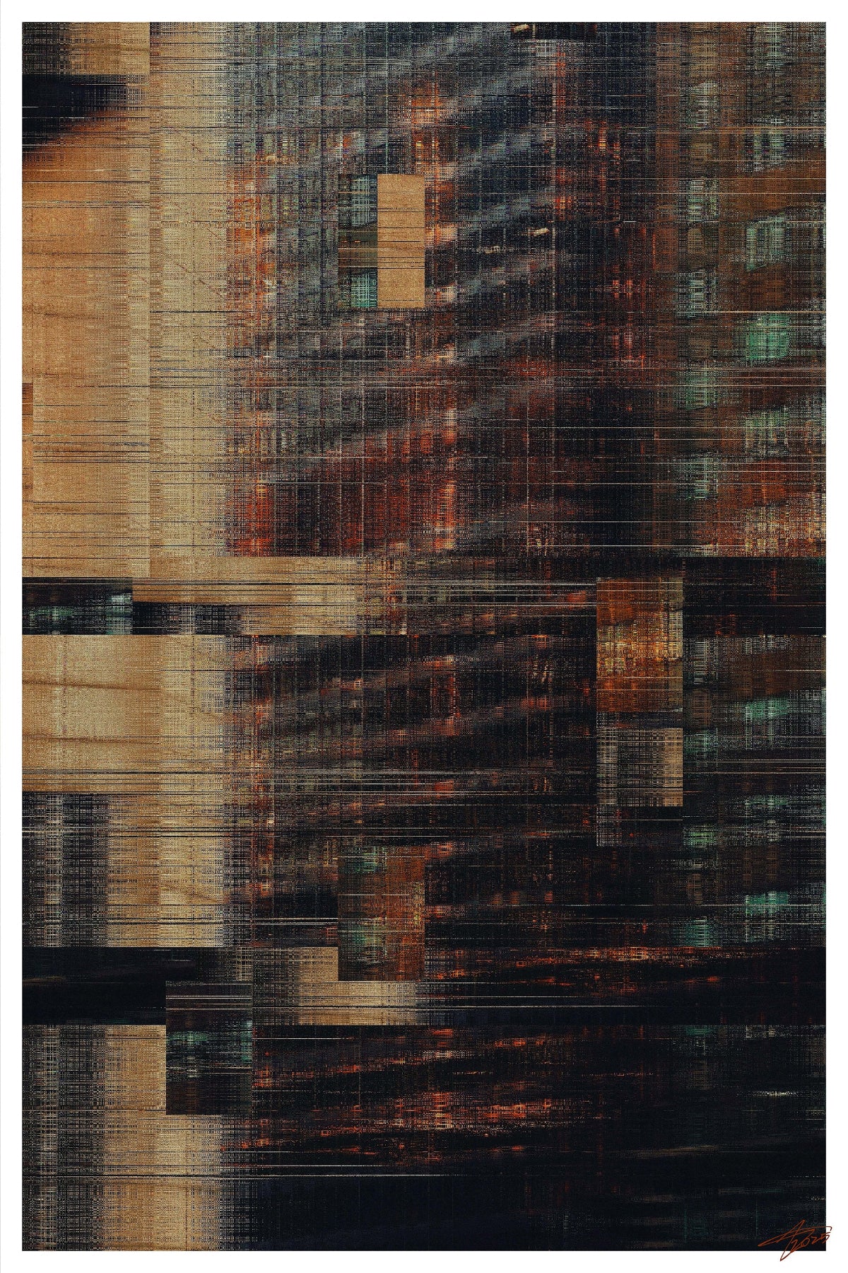 Contemporary digital collage with fragmented forms and interference patterns