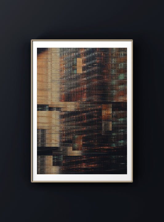 Fine art glitch print with distorted architectural lines and layered visual noise