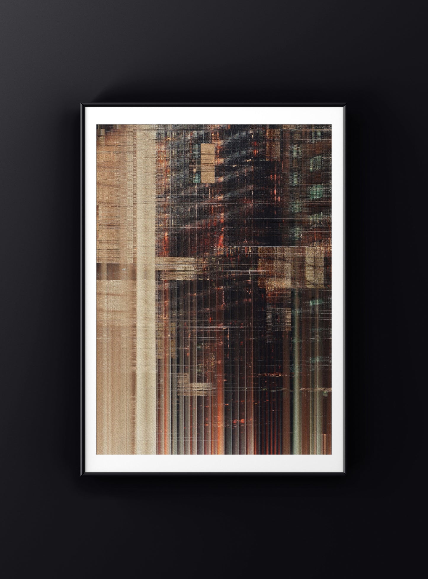 Abstract digital artwork with flowing textures, fragmented structure, and muted tones