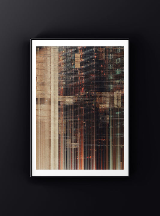 Abstract digital artwork with flowing textures, fragmented structure, and muted tones