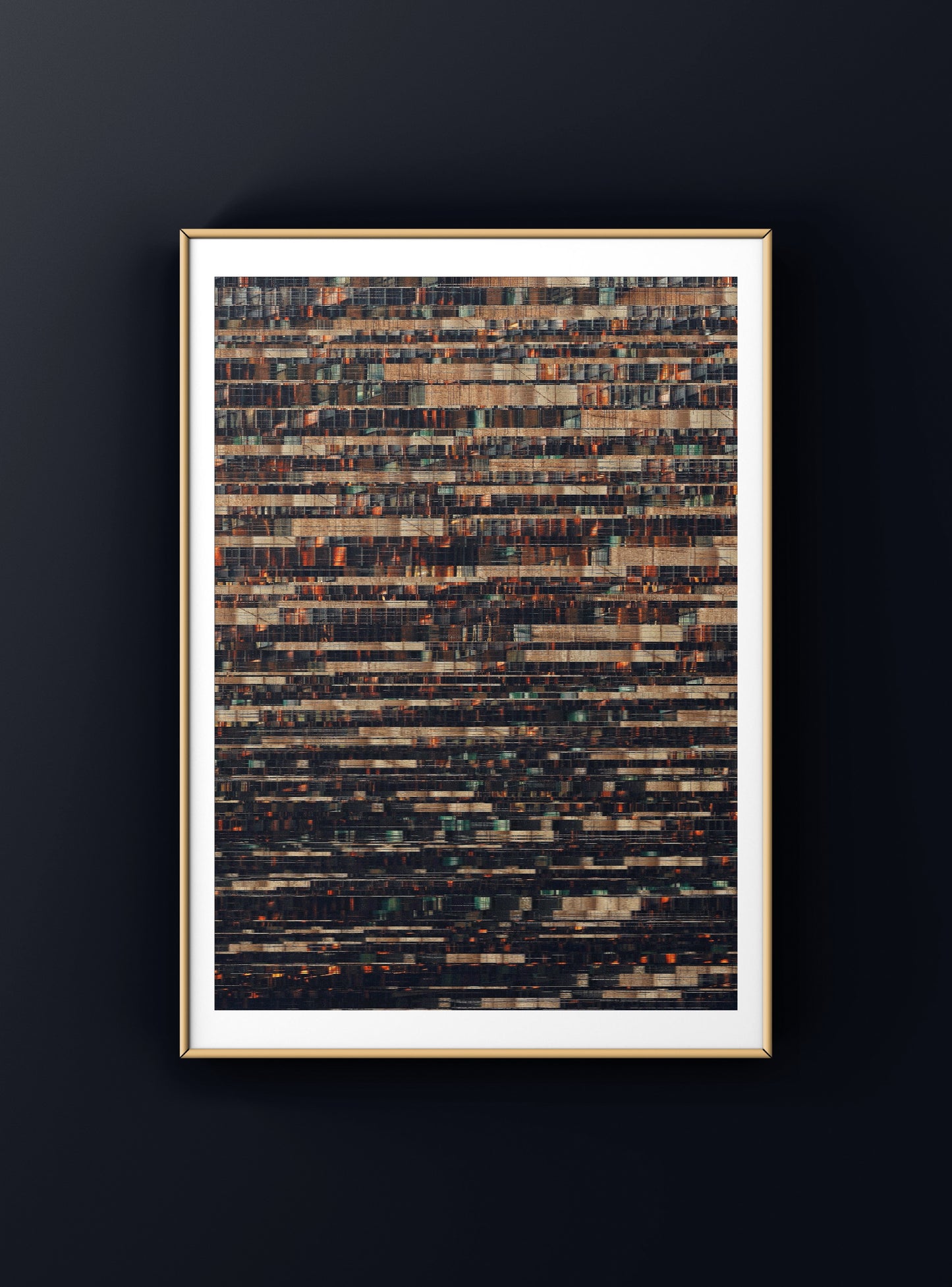 Architectural glitch art print combining structured geometry and fluid distortion