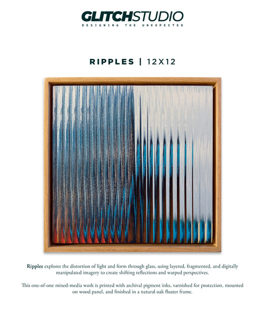 A framed abstract art print titled 'RIPPLES | 12X12' by Glitch Studio, featuring vertical glass-like reflections with blue, white, and orange tones, shown on a white background with product text and a description below.