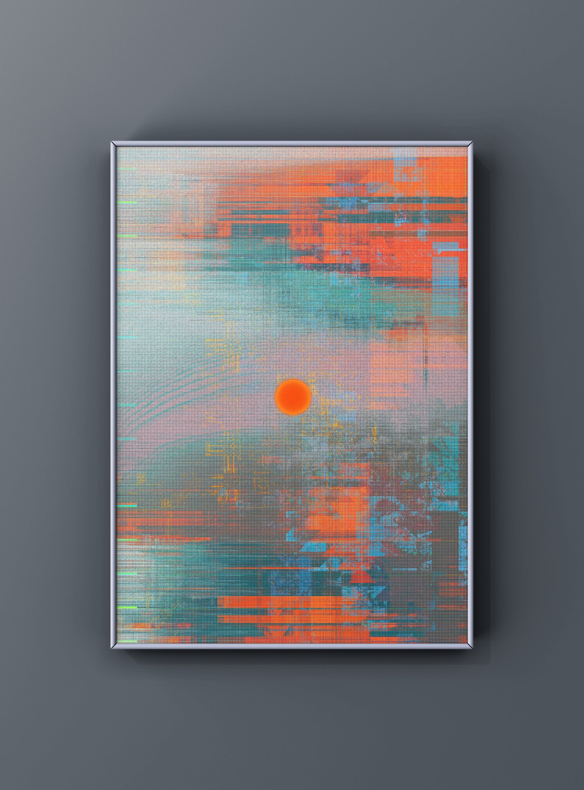 Modern art print featuring corrupted digital textures and geometric abstraction
