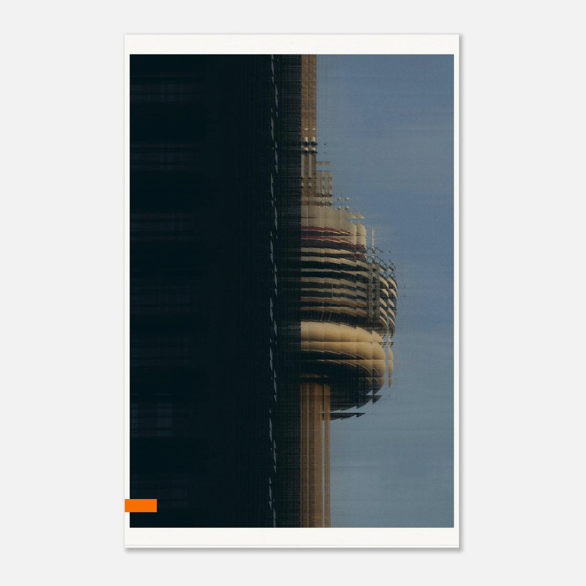 A vertical photographic art print featuring a close-up architectural reflection of a modern tower, with dark shadowed forms on the left and a blue sky on the right, presented with a white border on a light gray background.