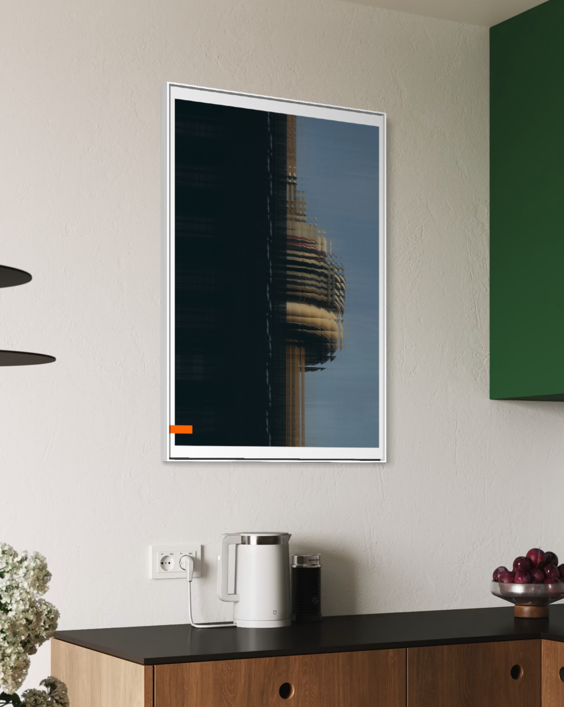 A framed vertical art print featuring a reflection photograph of the CN tower in Toronto Canada