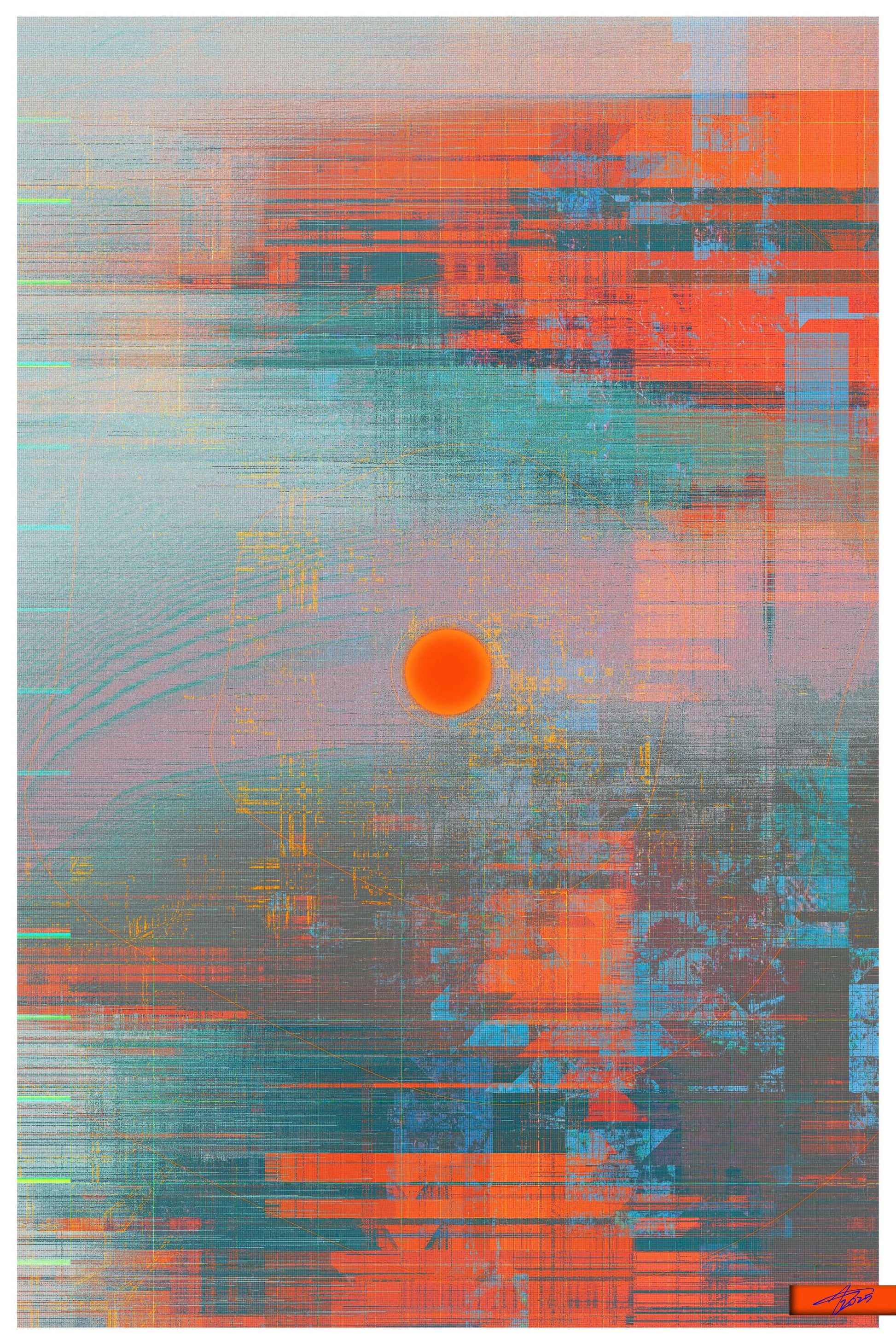Contemporary abstract glitch print designed as modern statement wall art with orange and blue colours