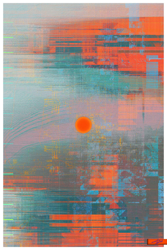 Contemporary abstract glitch print designed as modern statement wall art with orange and blue colours