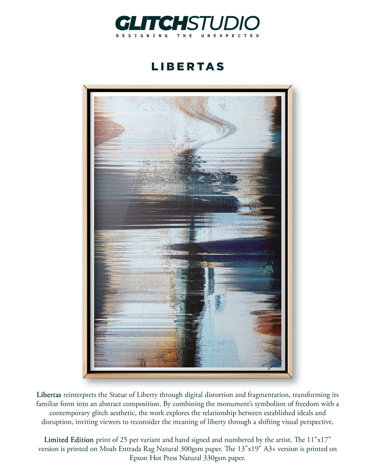 A framed abstract art print titled 'LIBERTAS' by Glitch Studio, featuring a distorted portrait of a statue in an abstract composition. The print is presented on a white background with descriptive text below.