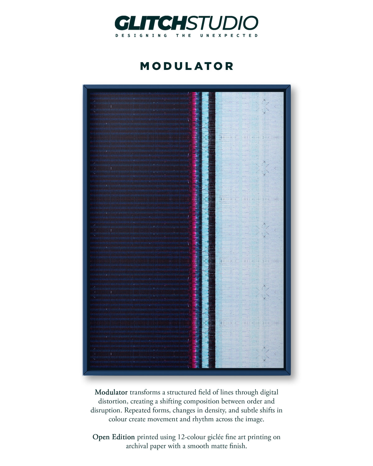 A product presentation of a 'Modulator' art print by Glitch Studio. The print features a dark navy blue frame containing a vertical composition of black, white, and a vibrant magenta-pink stripe, with descriptive text above and below on a clean white background.