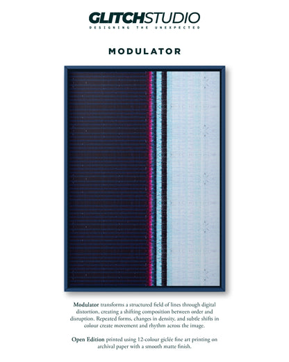 A product presentation of a 'Modulator' art print by Glitch Studio. The print features a dark navy blue frame containing a vertical composition of black, white, and a vibrant magenta-pink stripe, with descriptive text above and below on a clean white background.
