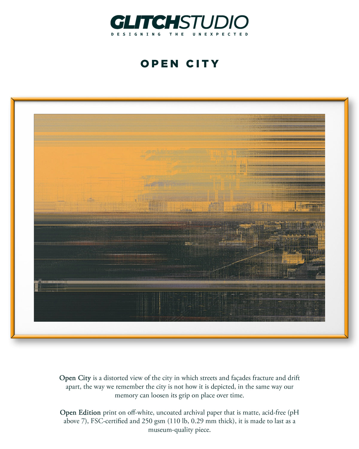 A framed abstract art print titled 'OPEN CITY' by Glitch Studio, featuring a golden yellow and black horizontal striped pattern on off-white paper, presented with product details on a white background.
