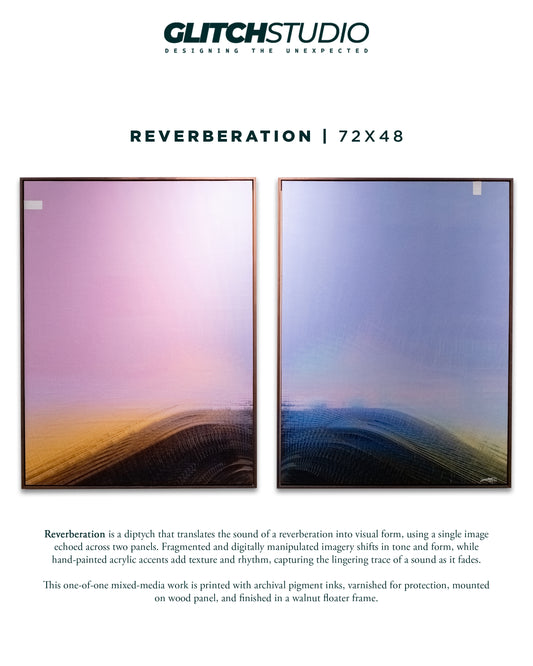 A product listing page for a Glitch Studio art print titled 'Reverberation | 72x48'. The page features two framed art panels showing abstract soundwave-like imagery fading from pink and purple to blue and yellow, with descriptive text below on a white background.