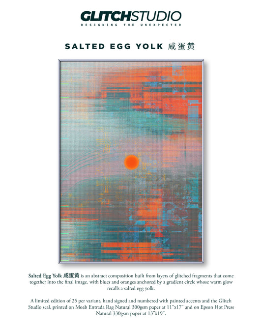 An abstract art print titled 'SALTED EGG YOLK' by Glitch Studio, featuring a colorful composition of orange, blue, and teal glitch fragments on a white background with descriptive text below.