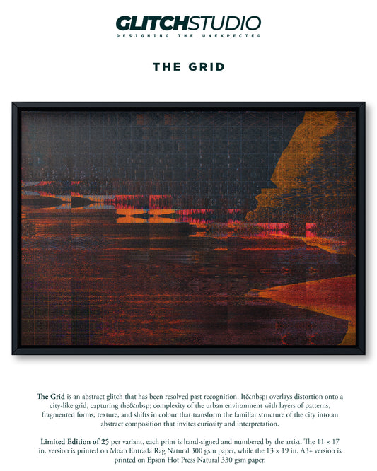 A framed abstract art print titled 'THE GRID' by Glitch Studio, featuring a dark grid-like composition with red, orange, and black tones. The print is displayed on a white background with product text below.