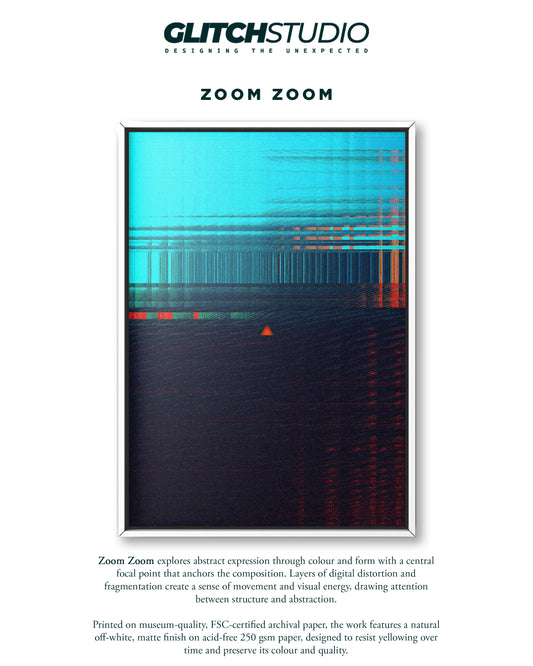A framed abstract art print titled 'ZOOM ZOOM' by Glitch Studio, featuring a central teal and orange circular motif surrounded by dark red and black geometric lines on a white background.