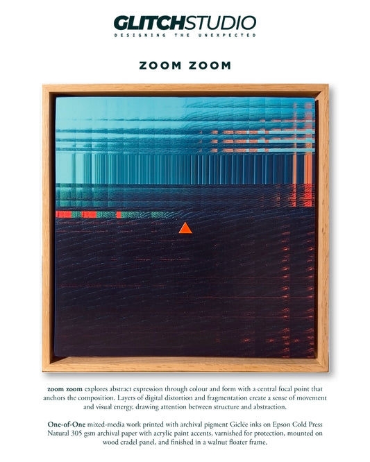 A framed abstract art print from Glitch Studio titled 'Zoom Zoom', featuring a wood-grain textured lower half with a small orange triangle and layered blue digital distortion lines above, presented on a white background with product text below.
